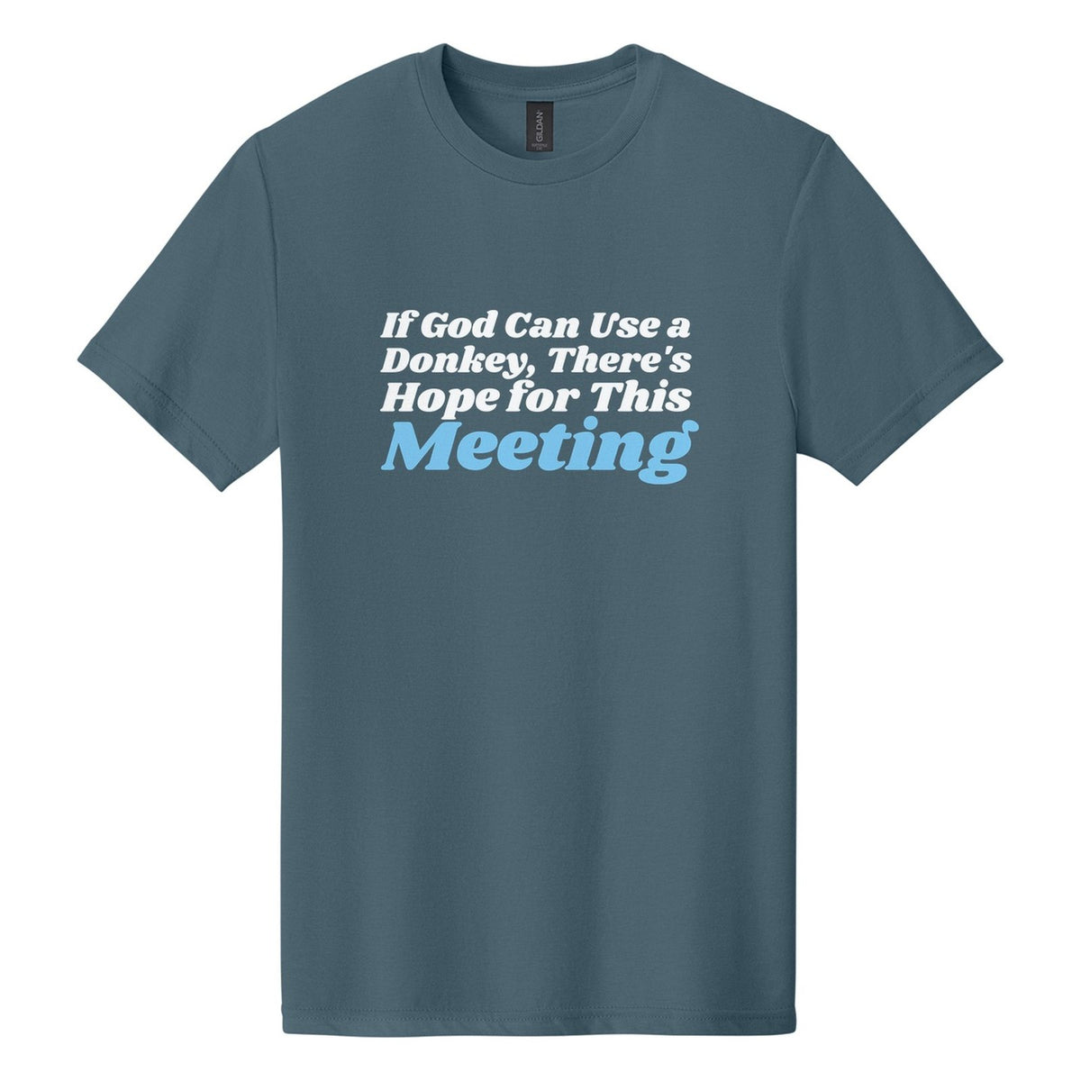 If God Can Use a Donkey, There's Hope for This Meeting tee in Steel Blue, Shrikhand font, White + Sky Blue ink