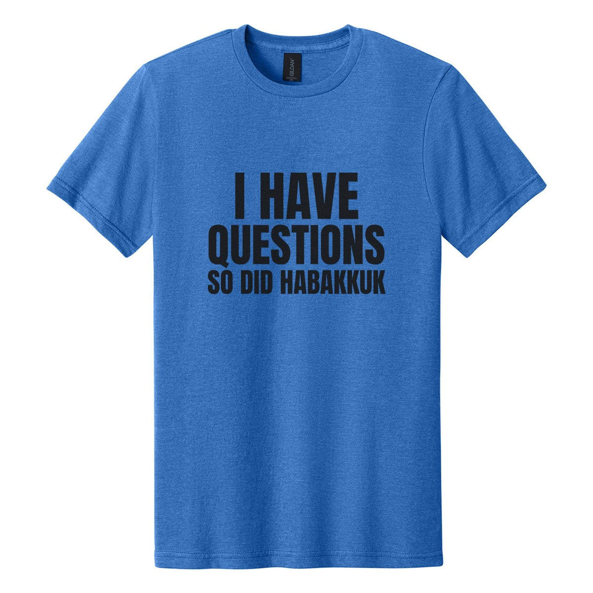I Have Questions. So Did Habakkuk tee in Royal Mist, Anton font, Black ink