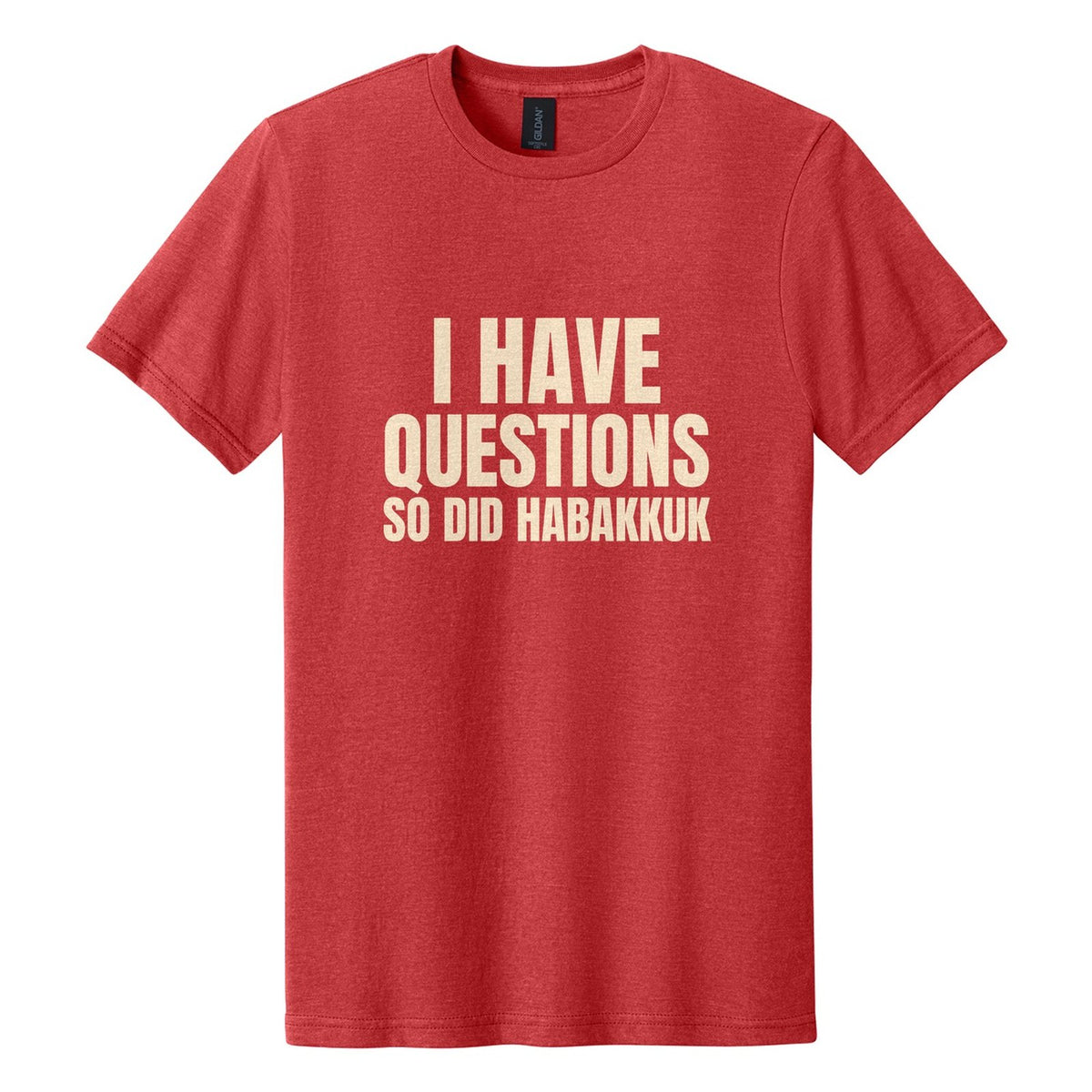 I Have Questions. So Did Habakkuk tee in Red Mist, Anton font, Cream ink