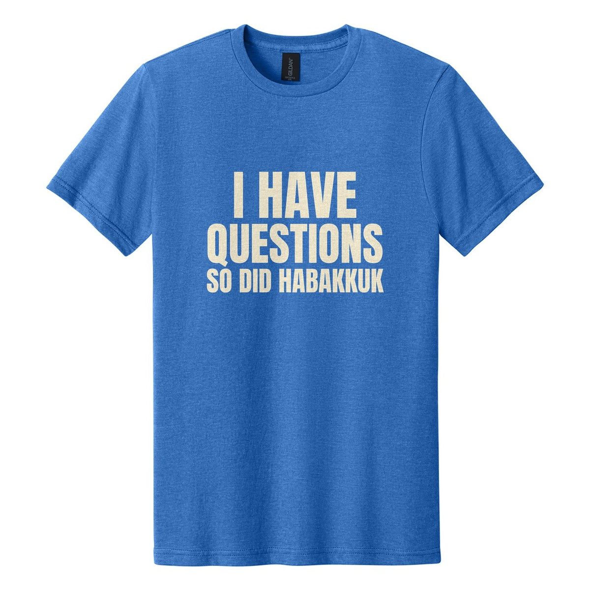 I Have Questions. So Did Habakkuk tee in Royal Mist, Anton font, Cream ink