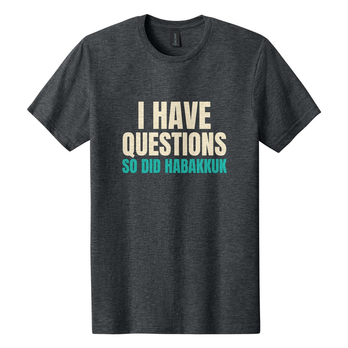 I Have Questions. So Did Habakkuk tee in Dark Heather, Anton font, Cream + Teal ink