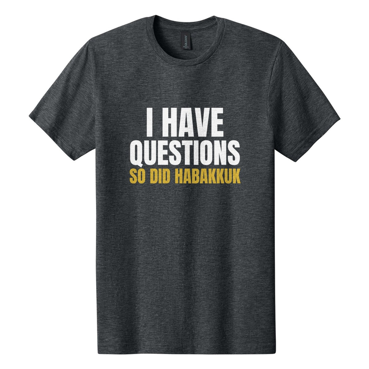 I Have Questions. So Did Habakkuk tee in Dark Heather, Anton font, White + Metallic Gold ink