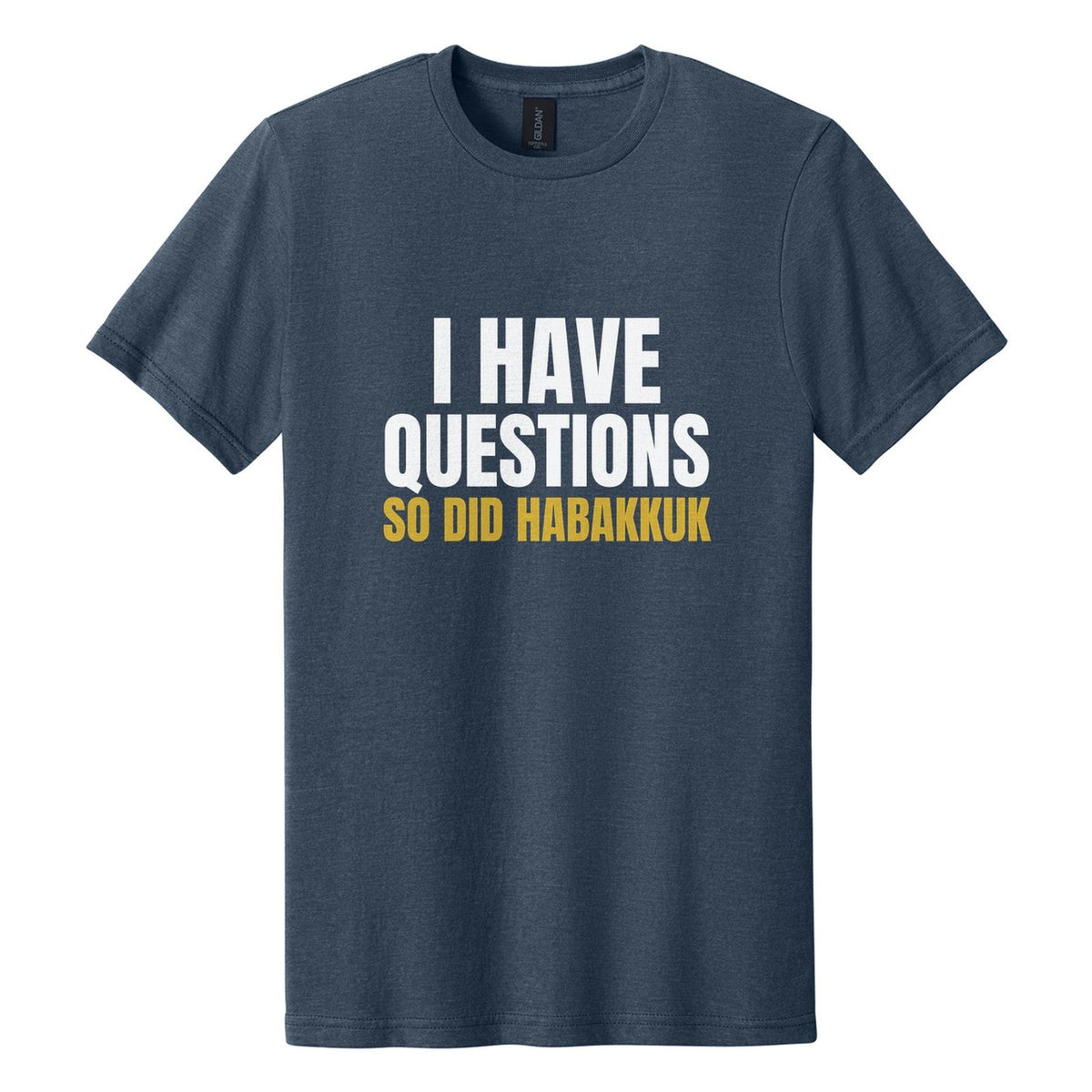 I Have Questions. So Did Habakkuk tee in Navy Mist, Anton font, White + Metallic Gold ink