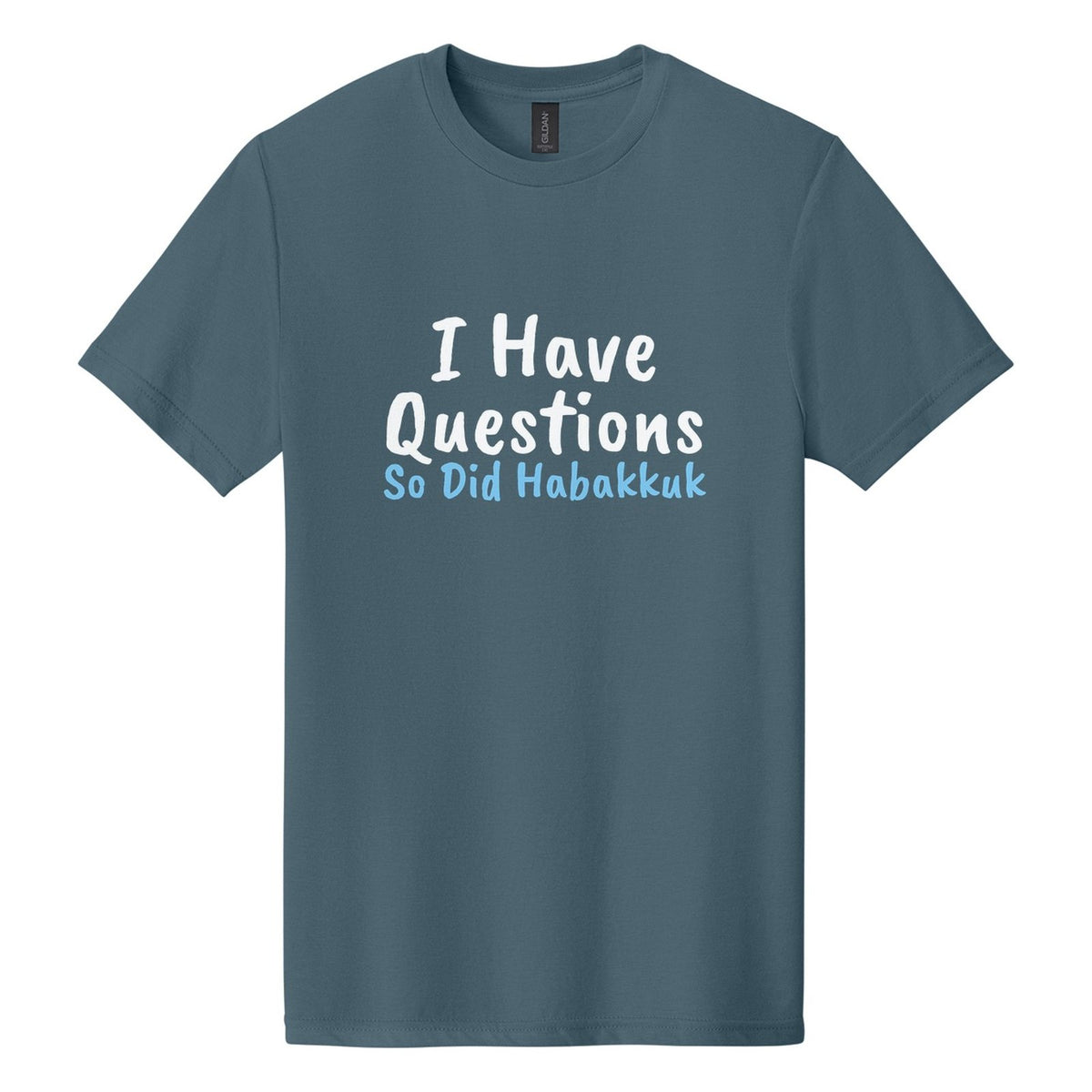 I Have Questions. So Did Habakkuk tee in Steel Blue, Caveat Brush font, White + Sky Blue ink
