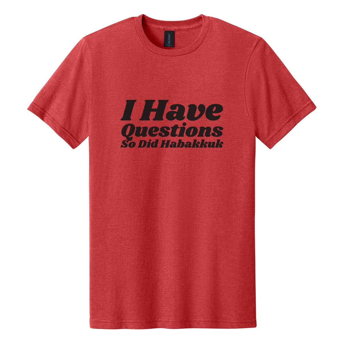 I Have Questions. So Did Habakkuk tee in Red Mist, Shrikhand font, Black ink