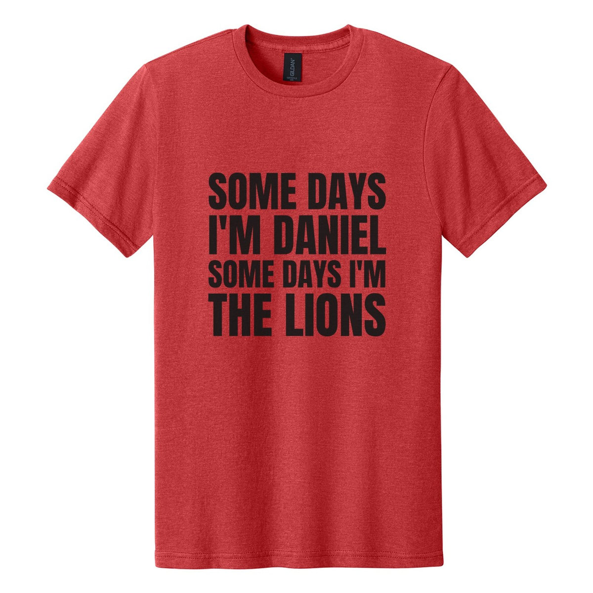 Some Days I'm Daniel. Some Days I'm the Lions tee in Red Mist, Anton font, Black ink