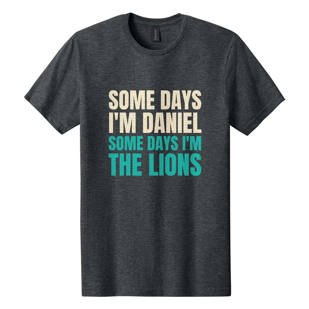 Some Days I'm Daniel. Some Days I'm the Lions tee in Dark Heather, Anton font, Cream + Teal ink