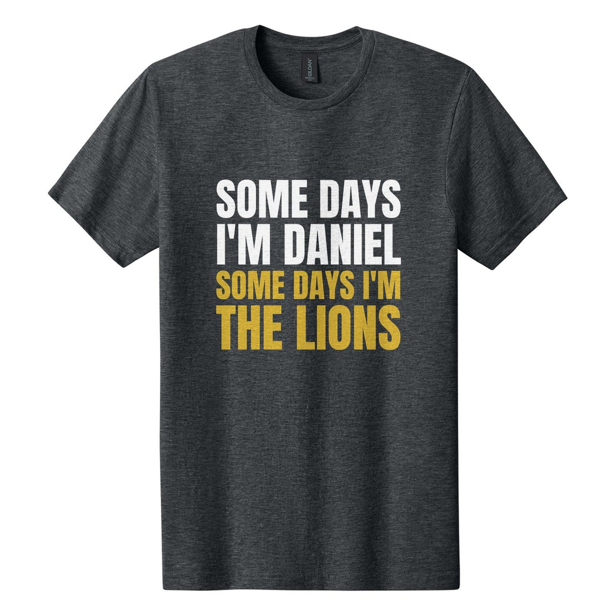 Some Days I'm Daniel. Some Days I'm the Lions tee in Dark Heather, Anton font, White + Metallic Gold ink