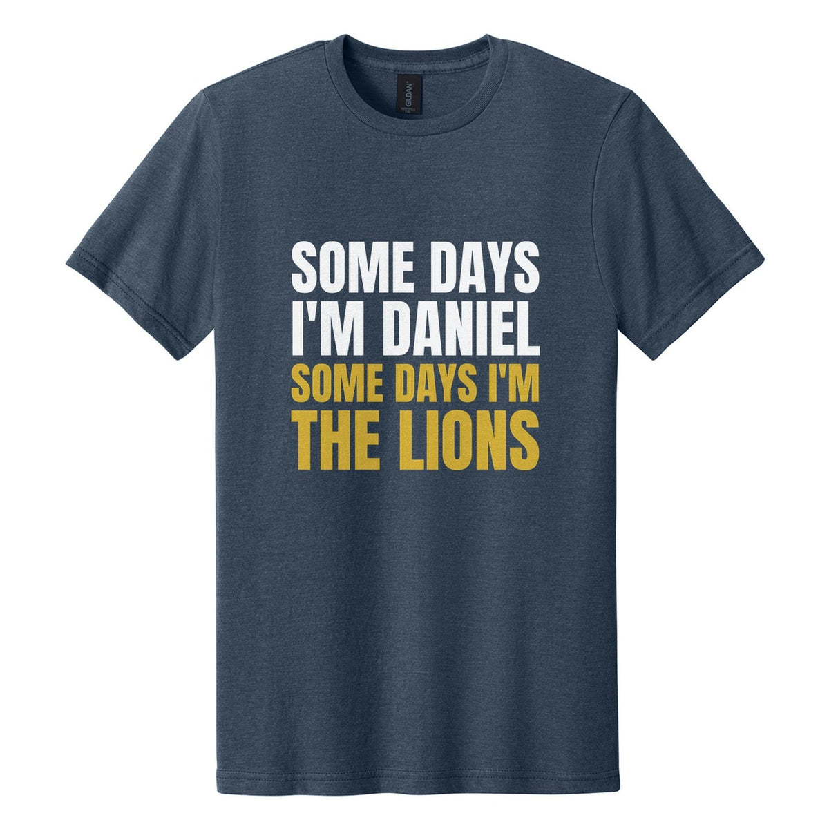 Some Days I'm Daniel. Some Days I'm the Lions tee in Navy Mist, Anton font, White + Metallic Gold ink