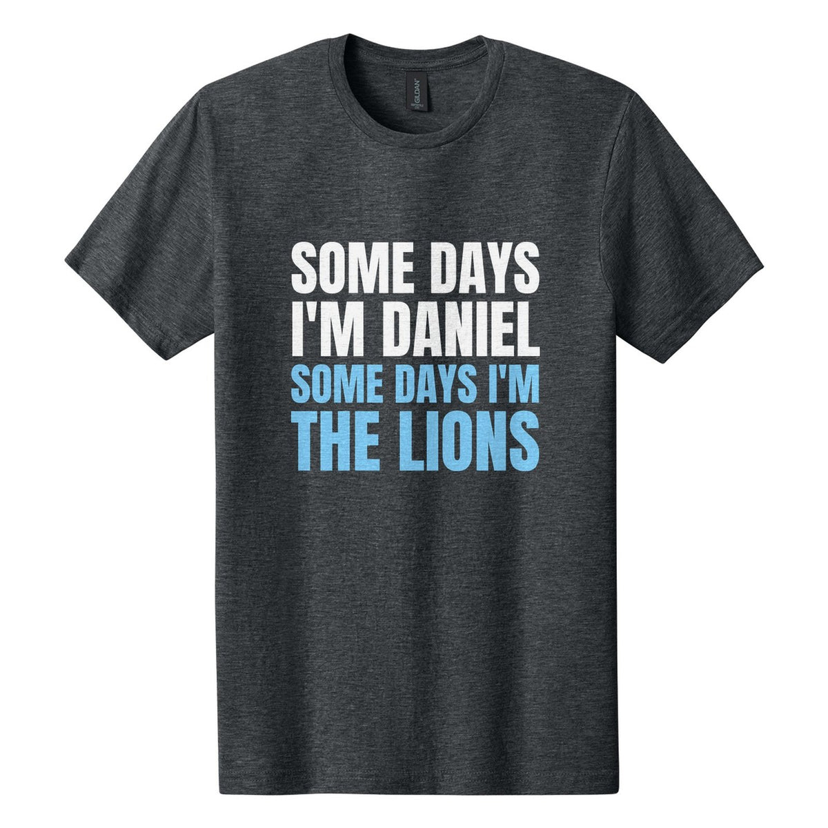Some Days I'm Daniel. Some Days I'm the Lions tee in Dark Heather, Anton font, White + Sky Blue ink