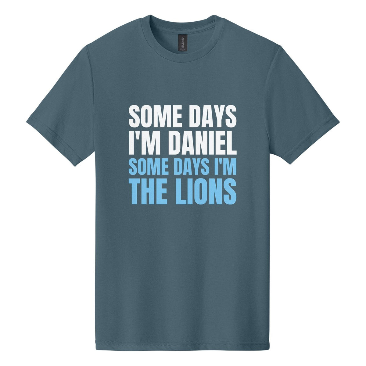 Some Days I'm Daniel. Some Days I'm the Lions tee in Steel Blue, Anton font, White + Sky Blue ink