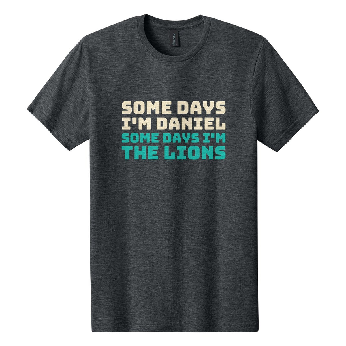 Some Days I'm Daniel. Some Days I'm the Lions tee in Dark Heather, Bungee font, Cream + Teal ink
