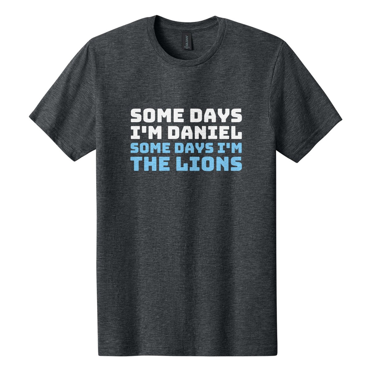Some Days I'm Daniel. Some Days I'm the Lions tee in Dark Heather, Bungee font, White + Sky Blue ink
