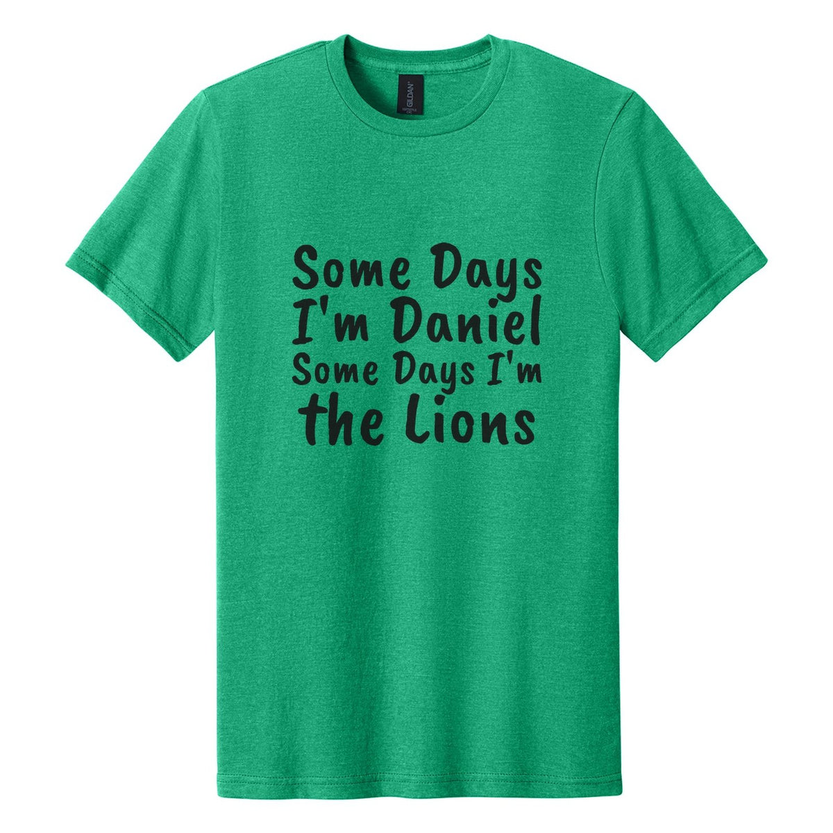 Some Days I'm Daniel. Some Days I'm the Lions tee in Kelly Mist, Caveat Brush font, Black ink