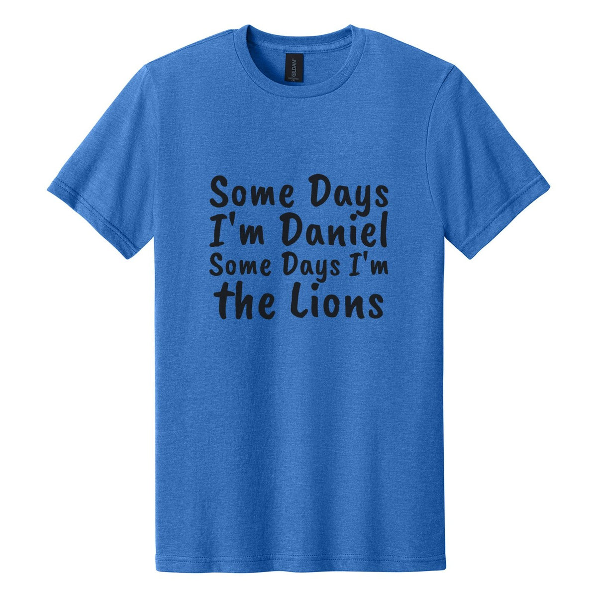 Some Days I'm Daniel. Some Days I'm the Lions tee in Royal Mist, Caveat Brush font, Black ink
