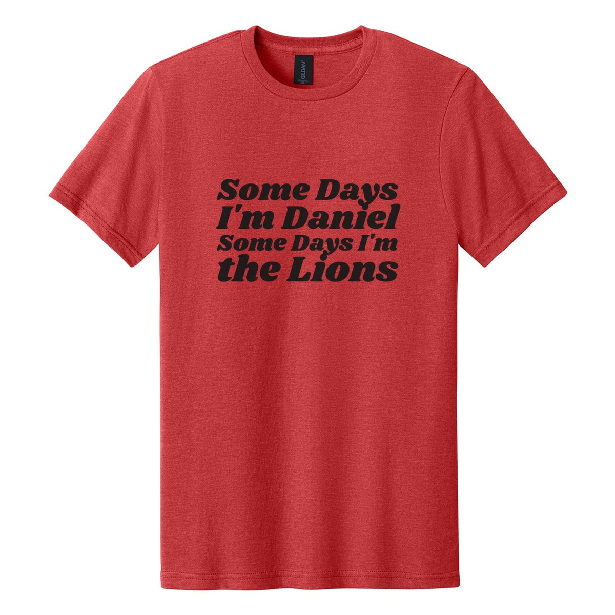 Some Days I'm Daniel. Some Days I'm the Lions tee in Red Mist, Shrikhand font, Black ink