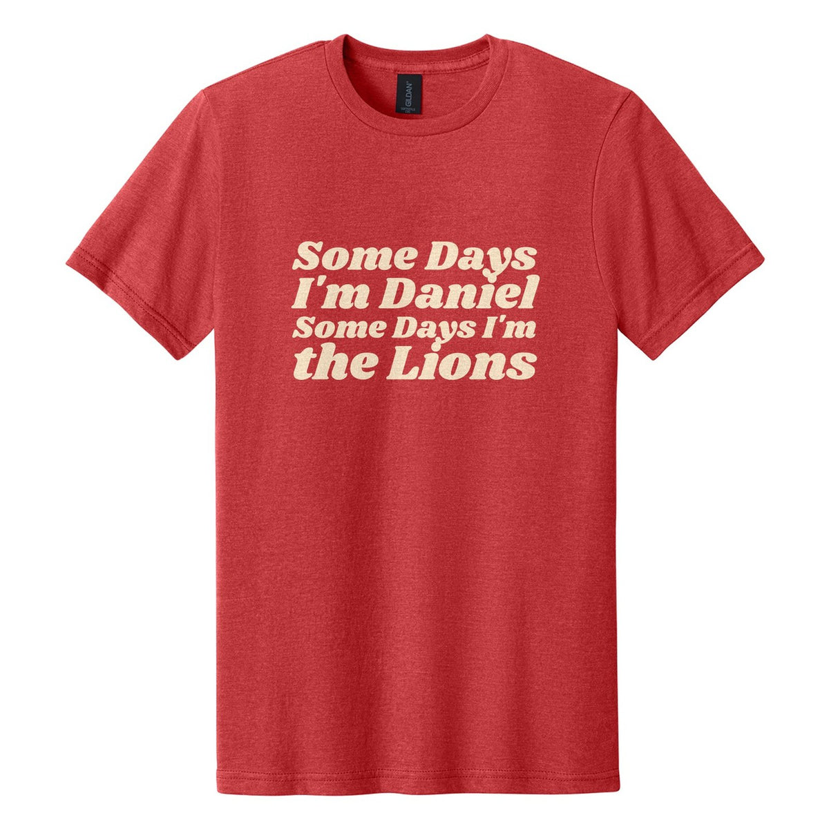 Some Days I'm Daniel. Some Days I'm the Lions tee in Red Mist, Shrikhand font, Cream ink