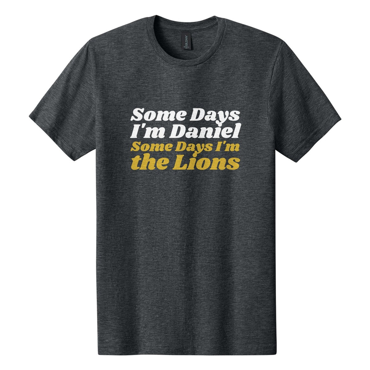 Some Days I'm Daniel. Some Days I'm the Lions tee in Dark Heather, Shrikhand font, White + Metallic Gold ink