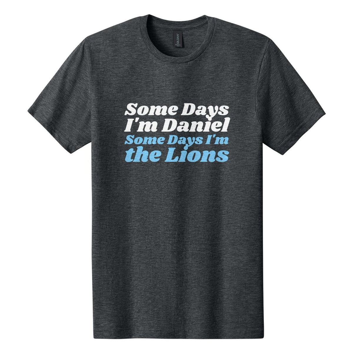 Some Days I'm Daniel. Some Days I'm the Lions tee in Dark Heather, Shrikhand font, White + Sky Blue ink