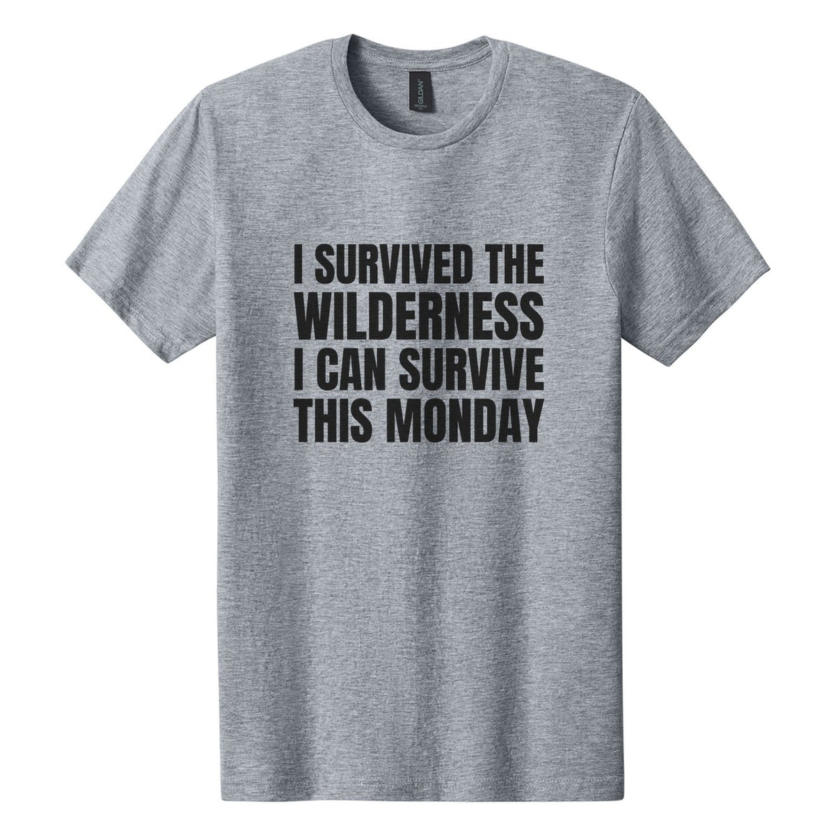 I Survived the Wilderness. I Can Survive This Monday tee in Ring Spun Sport Grey, Anton font, Black ink