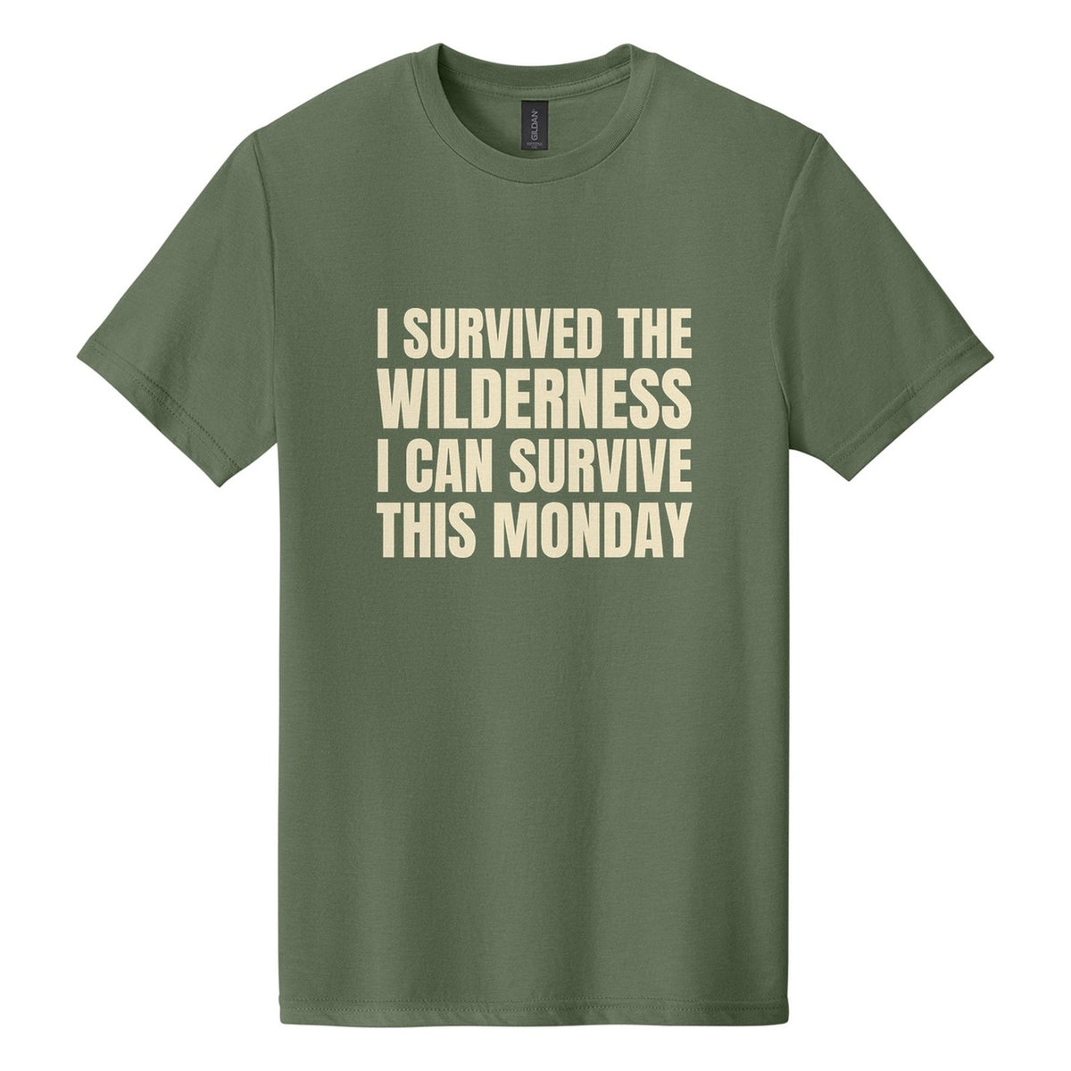 I Survived the Wilderness. I Can Survive This Monday tee in Cactus, Anton font, Cream ink