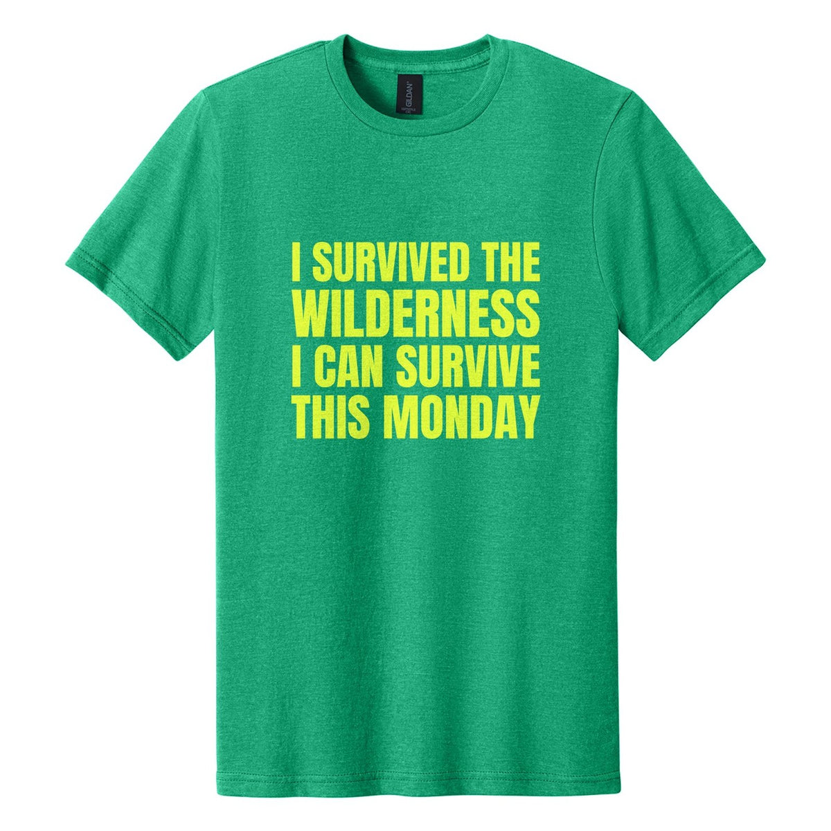 I Survived the Wilderness. I Can Survive This Monday tee in Kelly Mist, Anton font, Neon Yellow ink