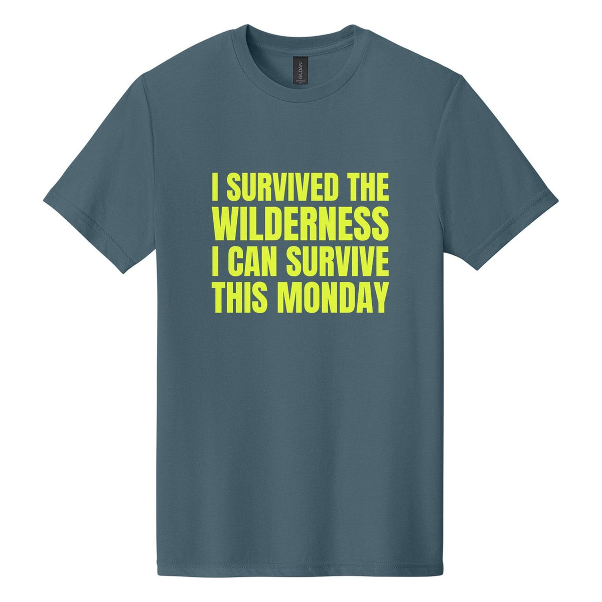 I Survived the Wilderness. I Can Survive This Monday tee in Steel Blue, Anton font, Neon Yellow ink