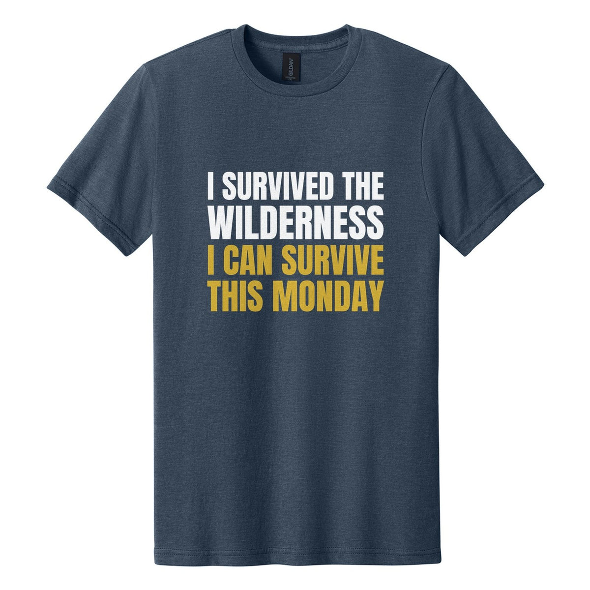 I Survived the Wilderness. I Can Survive This Monday tee in Navy Mist, Anton font, White + Metallic Gold ink