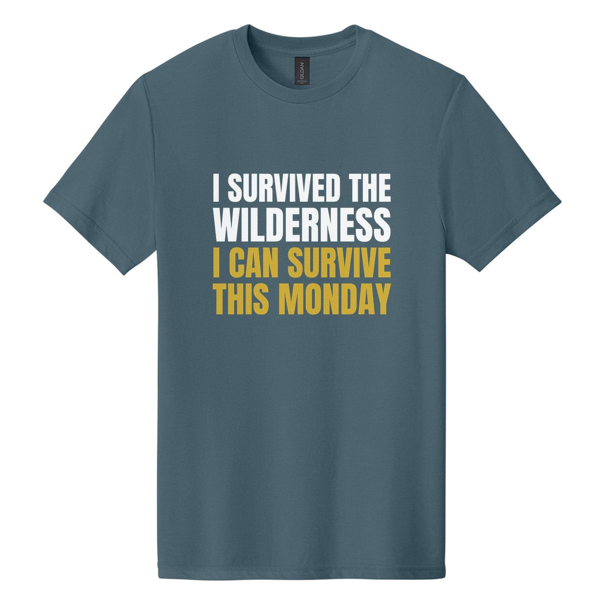 I Survived the Wilderness. I Can Survive This Monday tee in Steel Blue, Anton font, White + Metallic Gold ink