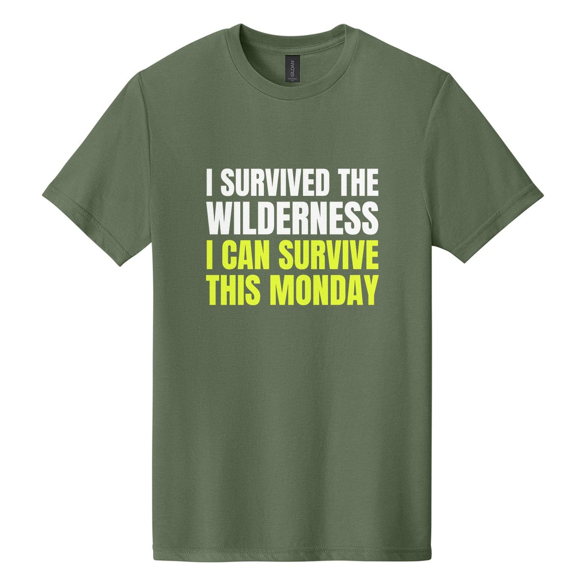 I Survived the Wilderness. I Can Survive This Monday tee in Cactus, Anton font, White + Neon Yellow ink