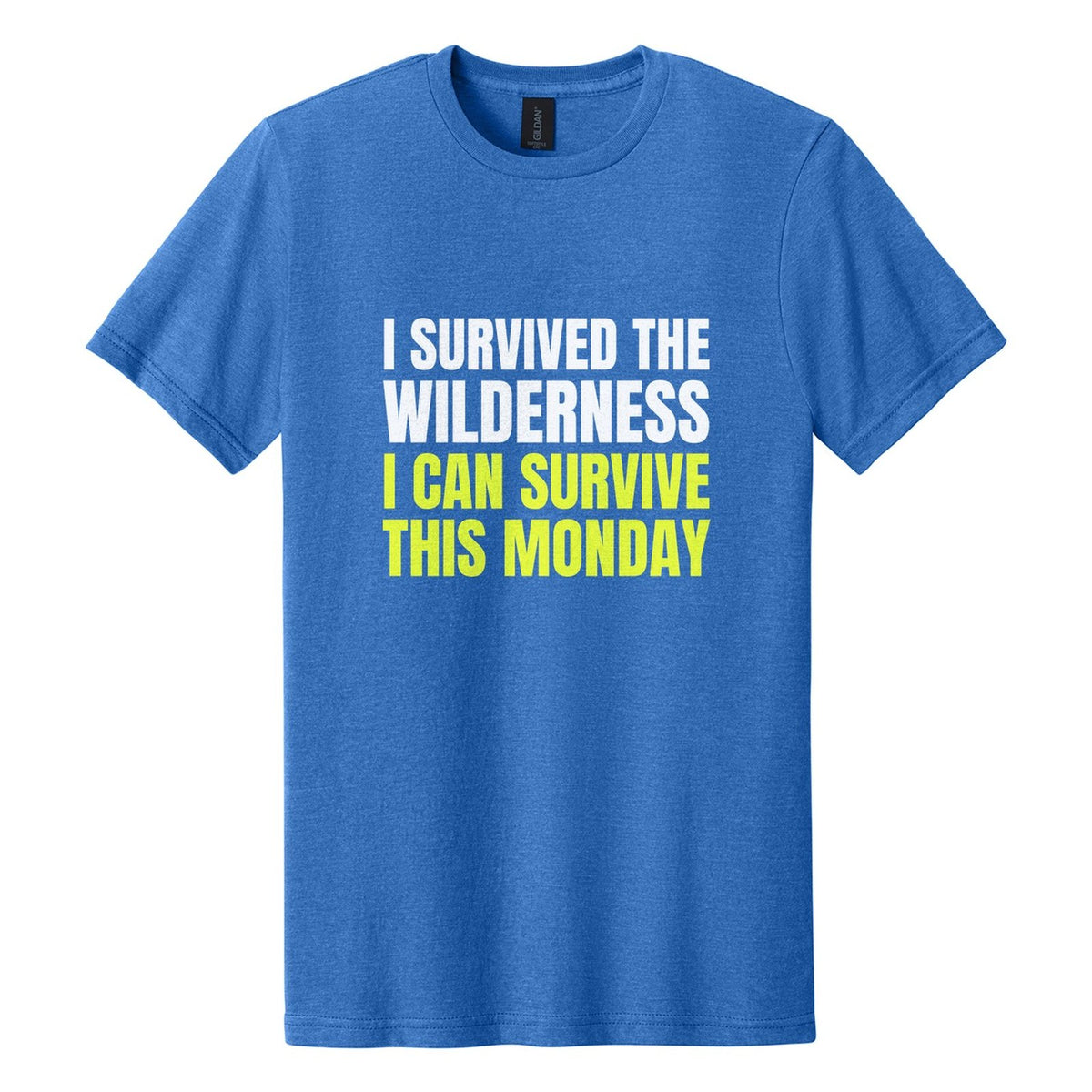 I Survived the Wilderness. I Can Survive This Monday tee in Royal Mist, Anton font, White + Neon Yellow ink