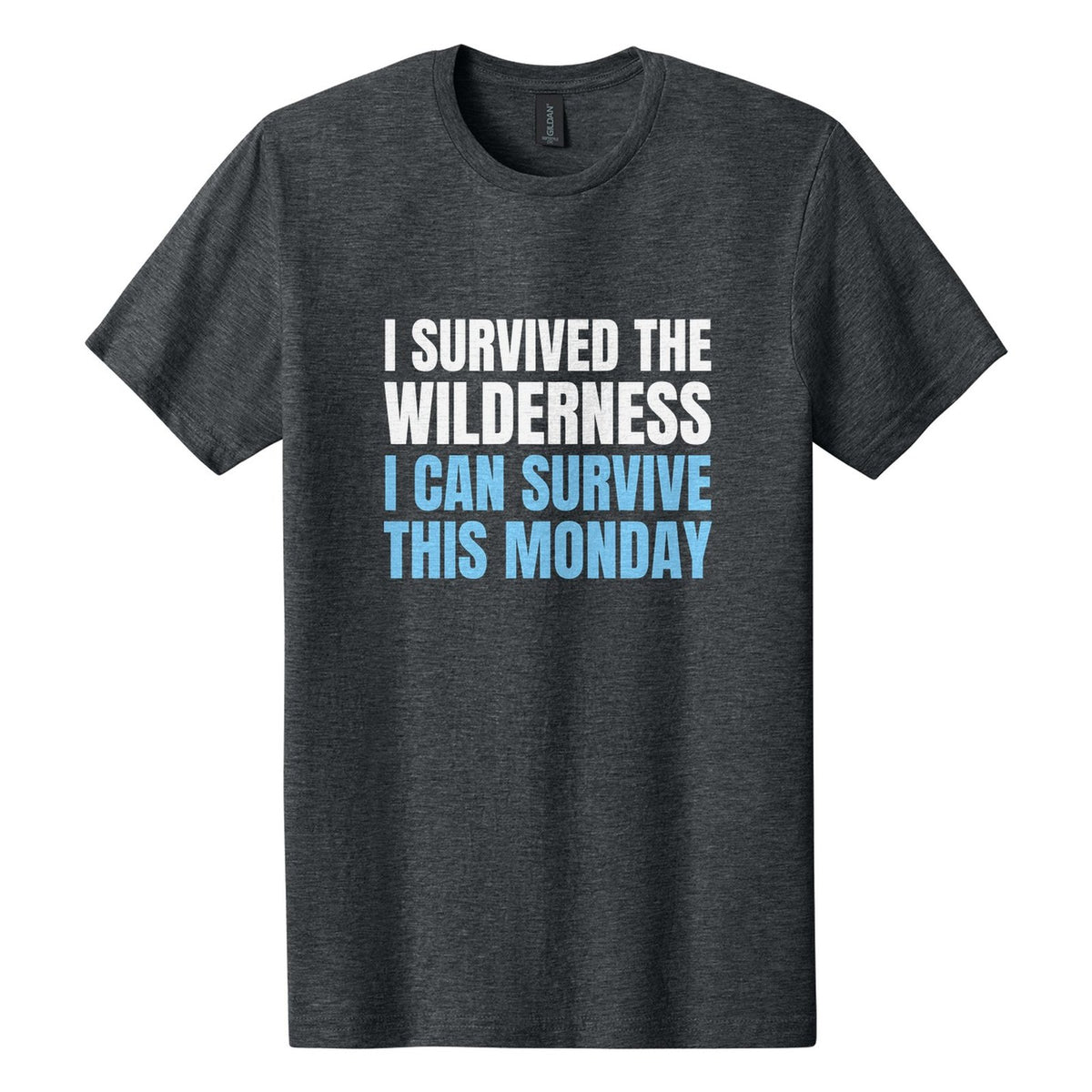 I Survived the Wilderness. I Can Survive This Monday tee in Dark Heather, Anton font, White + Sky Blue ink