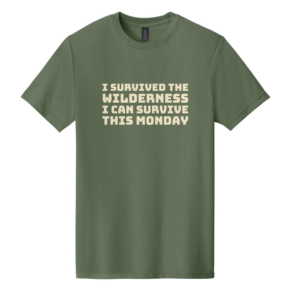 I Survived the Wilderness. I Can Survive This Monday tee in Cactus, Bungee font, Cream ink