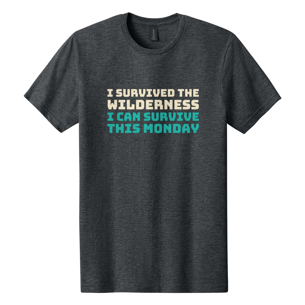 I Survived the Wilderness. I Can Survive This Monday tee in Dark Heather, Bungee font, Cream + Teal ink