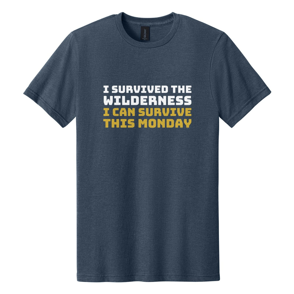 I Survived the Wilderness. I Can Survive This Monday tee in Navy Mist, Bungee font, White + Metallic Gold ink