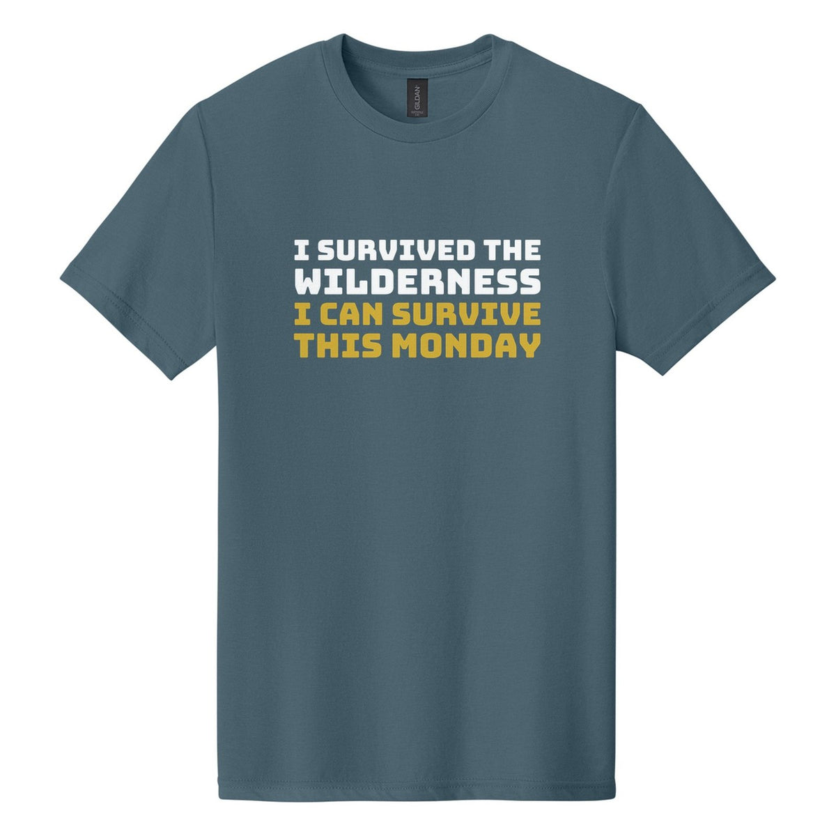 I Survived the Wilderness. I Can Survive This Monday tee in Steel Blue, Bungee font, White + Metallic Gold ink