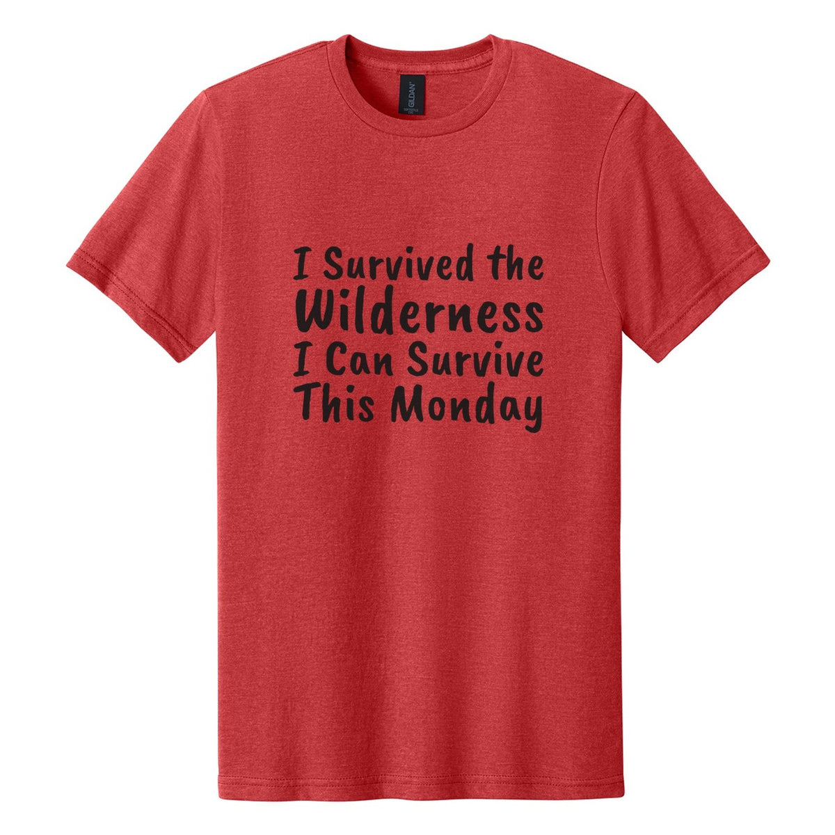 I Survived the Wilderness. I Can Survive This Monday tee in Red Mist, Caveat Brush font, Black ink