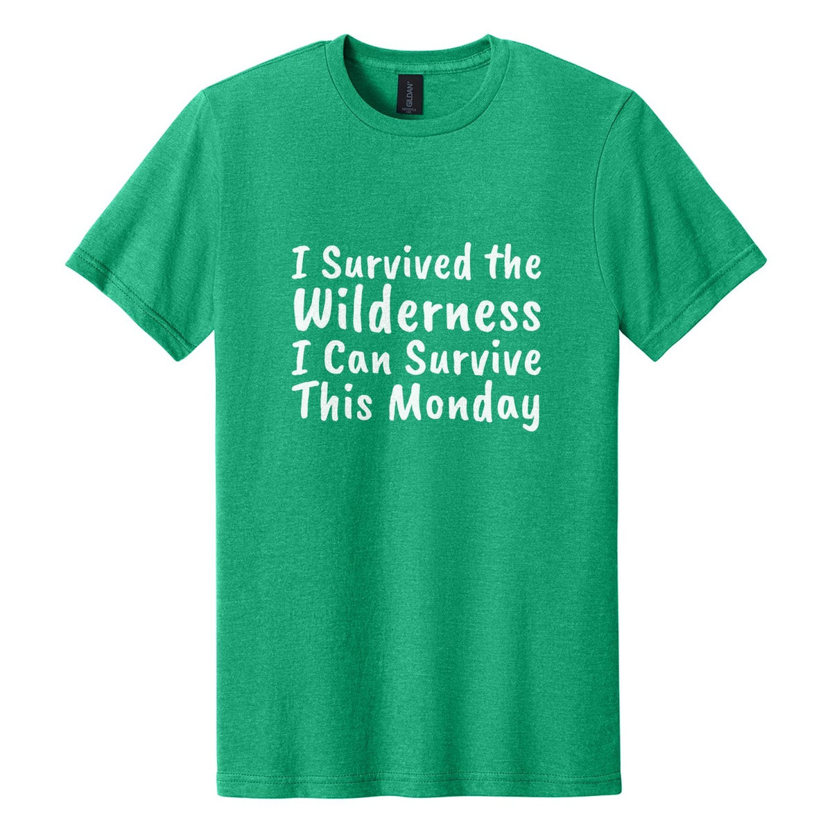 I Survived the Wilderness. I Can Survive This Monday tee in Kelly Mist, Caveat Brush font, White ink