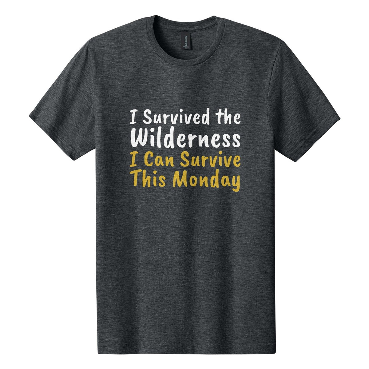 I Survived the Wilderness. I Can Survive This Monday tee in Dark Heather, Caveat Brush font, White + Metallic Gold ink