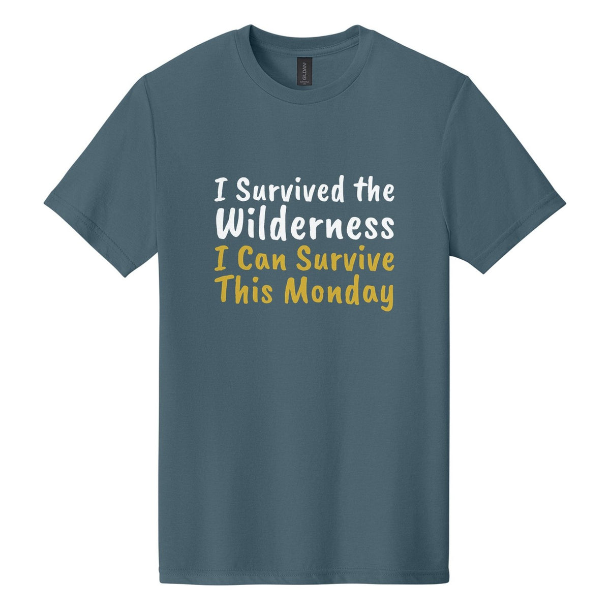 I Survived the Wilderness. I Can Survive This Monday tee in Steel Blue, Caveat Brush font, White + Metallic Gold ink