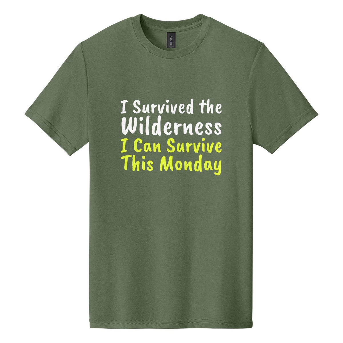 I Survived the Wilderness. I Can Survive This Monday tee in Cactus, Caveat Brush font, White + Neon Yellow ink