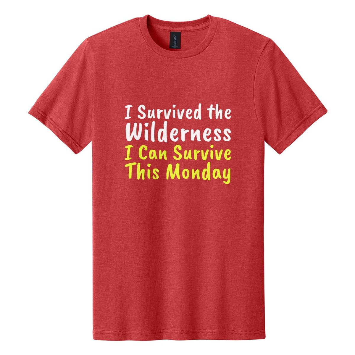 I Survived the Wilderness. I Can Survive This Monday tee in Red Mist, Caveat Brush font, White + Neon Yellow ink