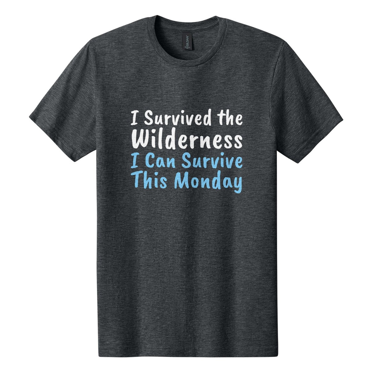 I Survived the Wilderness. I Can Survive This Monday tee in Dark Heather, Caveat Brush font, White + Sky Blue ink