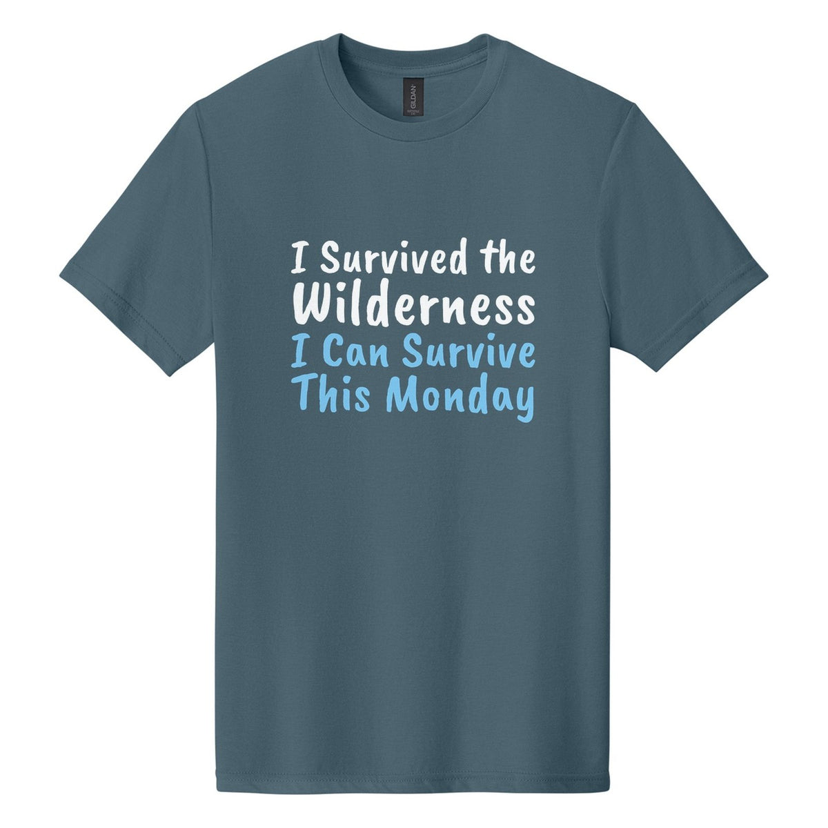 I Survived the Wilderness. I Can Survive This Monday tee in Steel Blue, Caveat Brush font, White + Sky Blue ink
