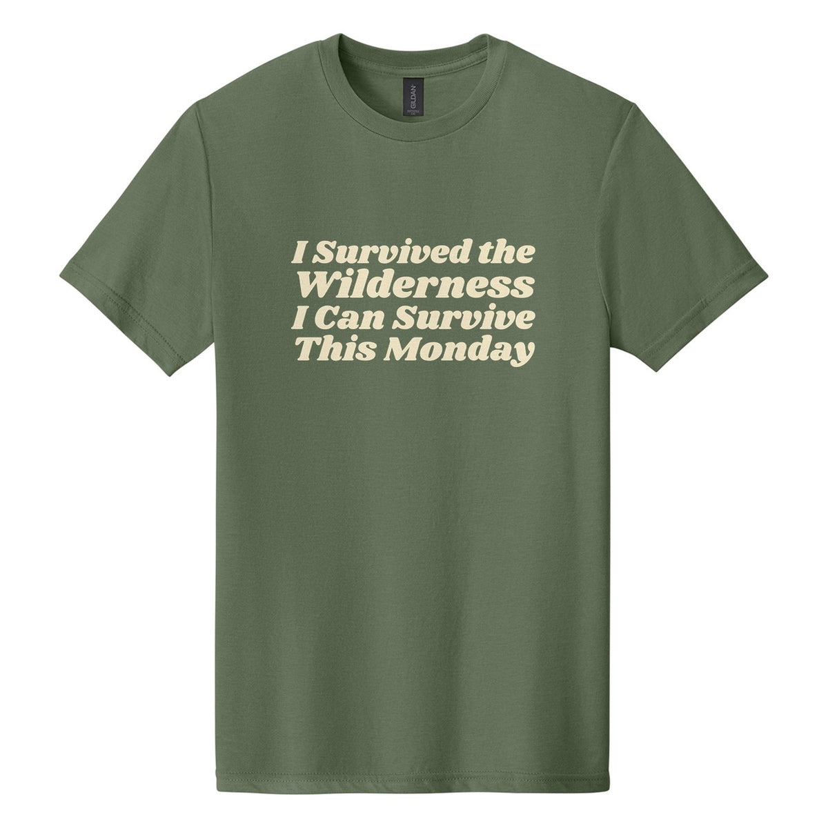 I Survived the Wilderness. I Can Survive This Monday tee in Cactus, Shrikhand font, Cream ink