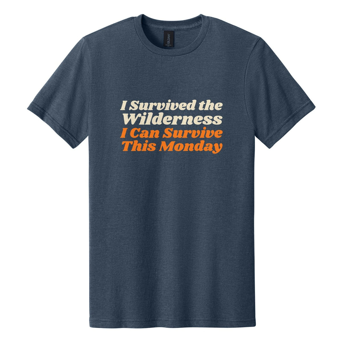 I Survived the Wilderness. I Can Survive This Monday tee in Navy Mist, Shrikhand font, Cream + Orange ink