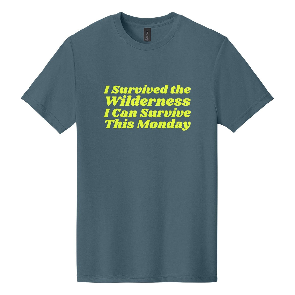 I Survived the Wilderness. I Can Survive This Monday tee in Steel Blue, Shrikhand font, Neon Yellow ink