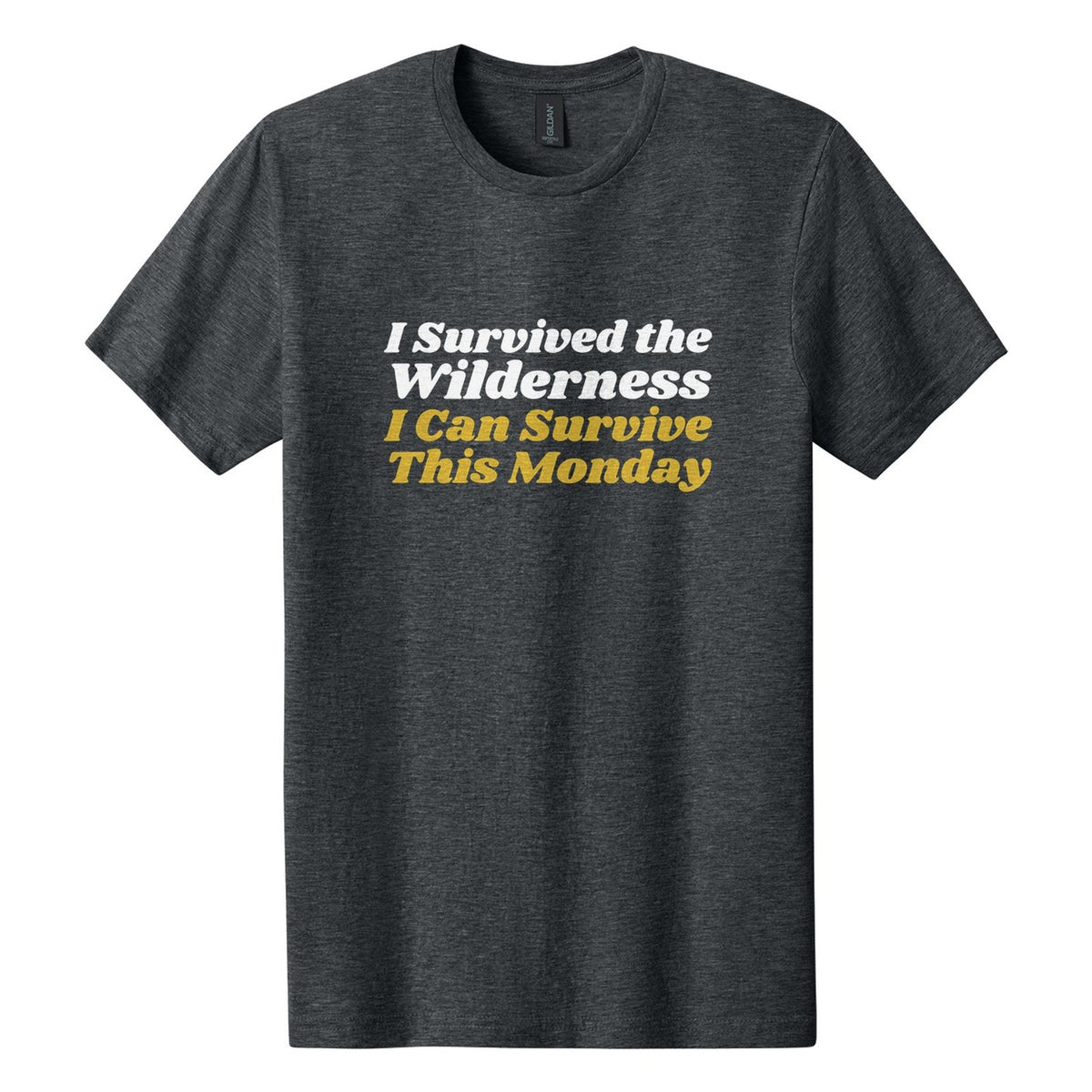 I Survived the Wilderness. I Can Survive This Monday tee in Dark Heather, Shrikhand font, White + Metallic Gold ink