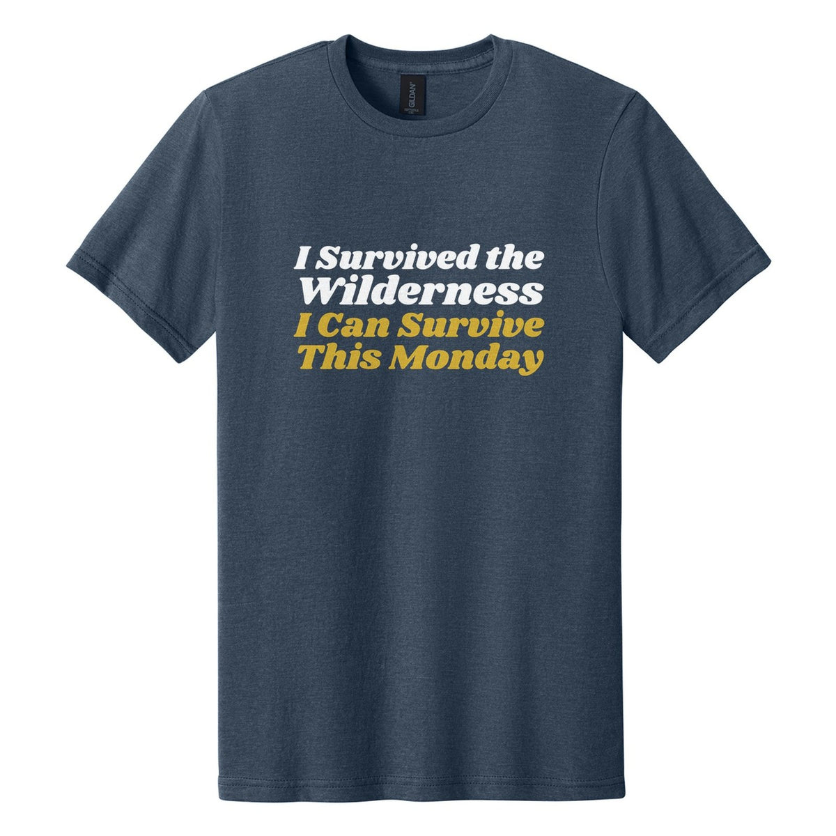 I Survived the Wilderness. I Can Survive This Monday tee in Navy Mist, Shrikhand font, White + Metallic Gold ink