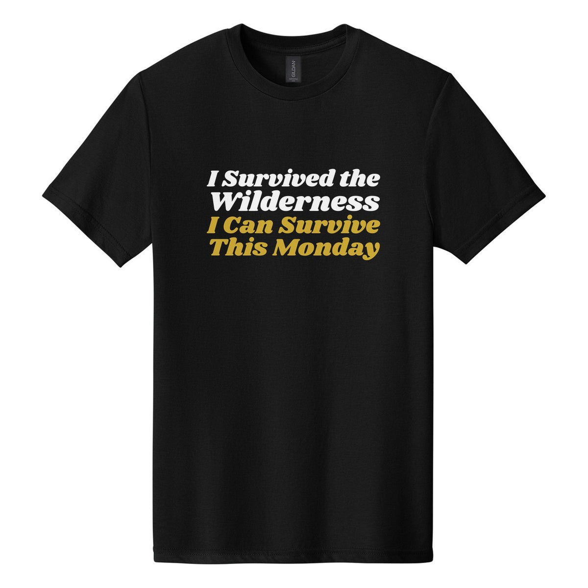 I Survived the Wilderness. I Can Survive This Monday tee in Pitch Black, Shrikhand font, White + Metallic Gold ink